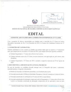 EDITAL: Exames dos Candidatos Externos da 12ª Classe (2025)