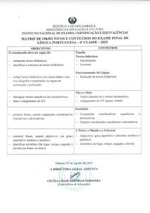Matrizes de Exames Finais da 6ª Classe (2025)
