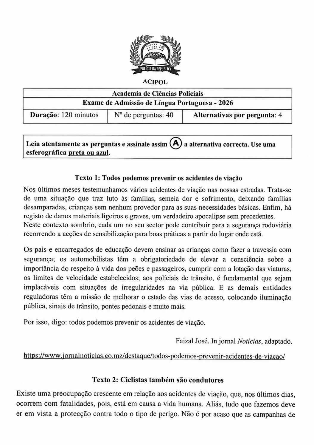 Exame de Admissão ACIPOL – Português (2026)
