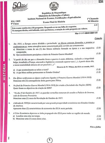 Exame de História 9ª Classe (2025)