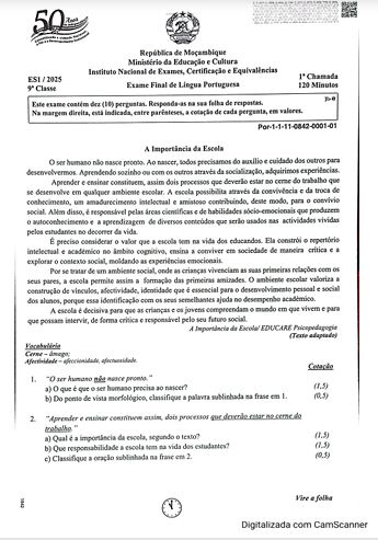 Exame de Português 9ª Classe (2025)