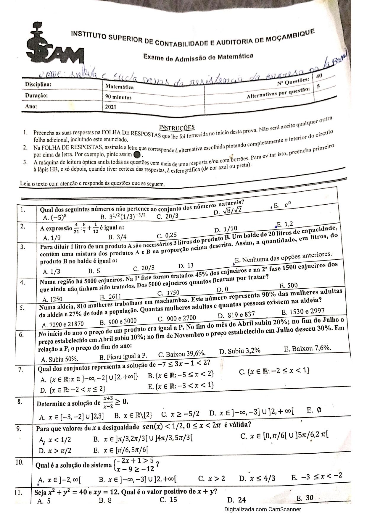 Exame de Admissão ISCAM – Matemática (2021)