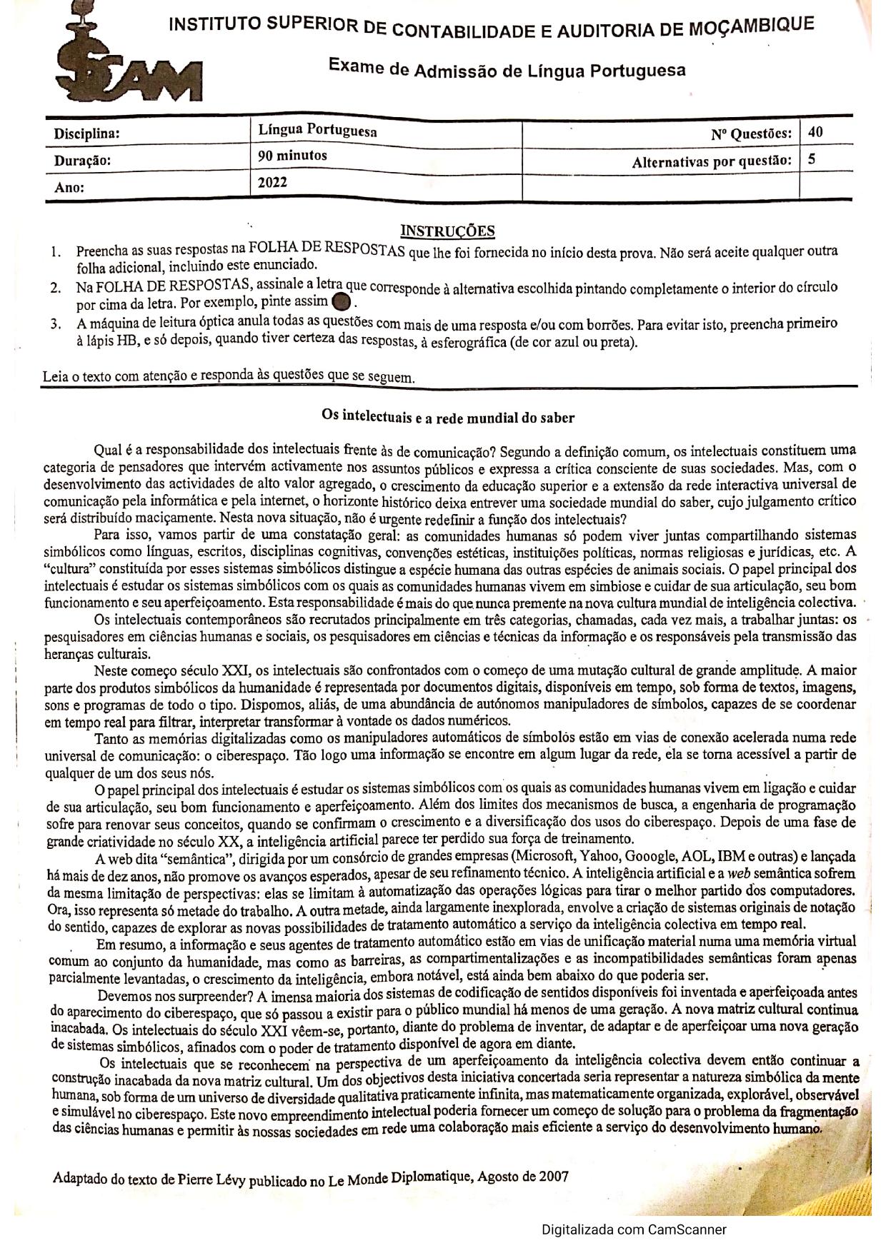 Exame de Admissão ISCAM – Português (2022)