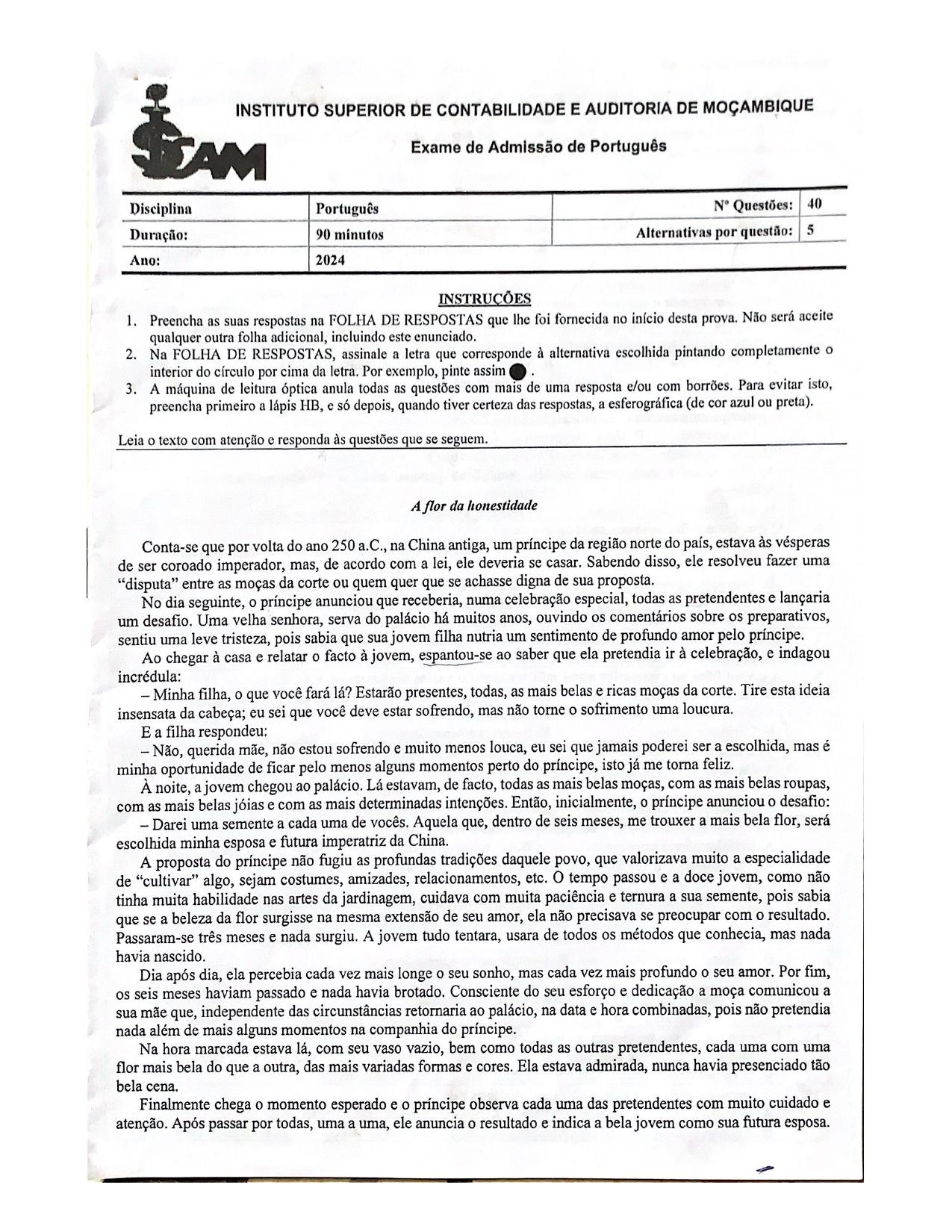 Exame de Admissão ISCAM – Português (2024)