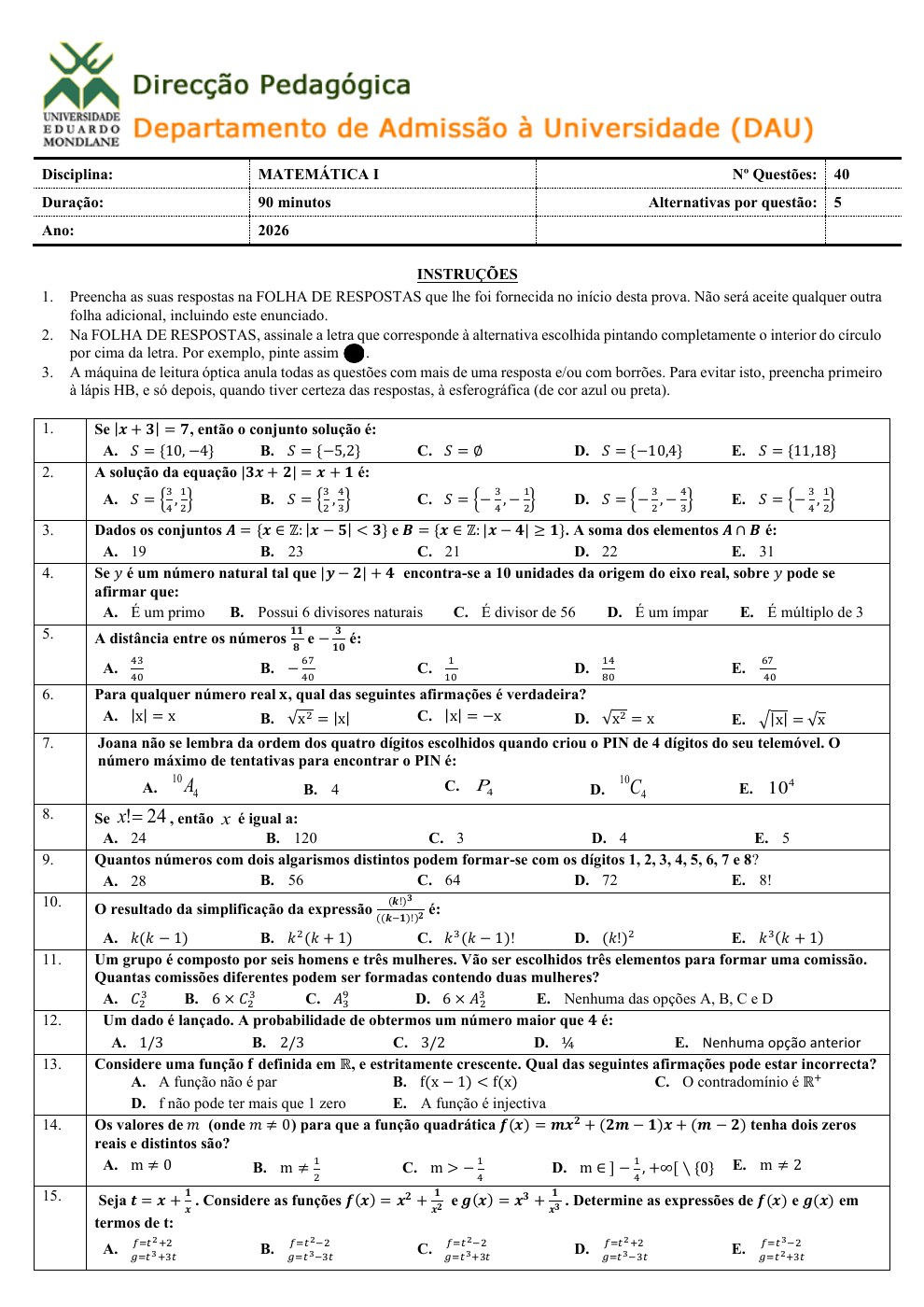Exame de Admissão UEM – Matemática I (2026)