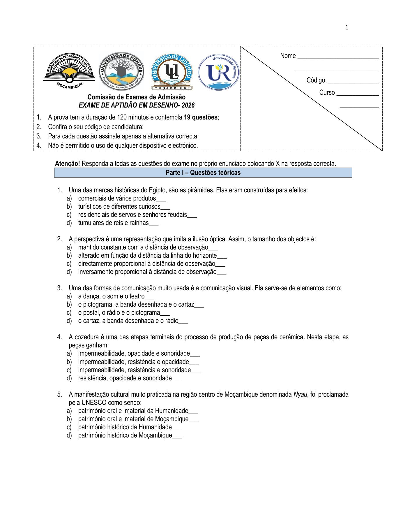 Exame de Admissão UP – Desenho (2026)