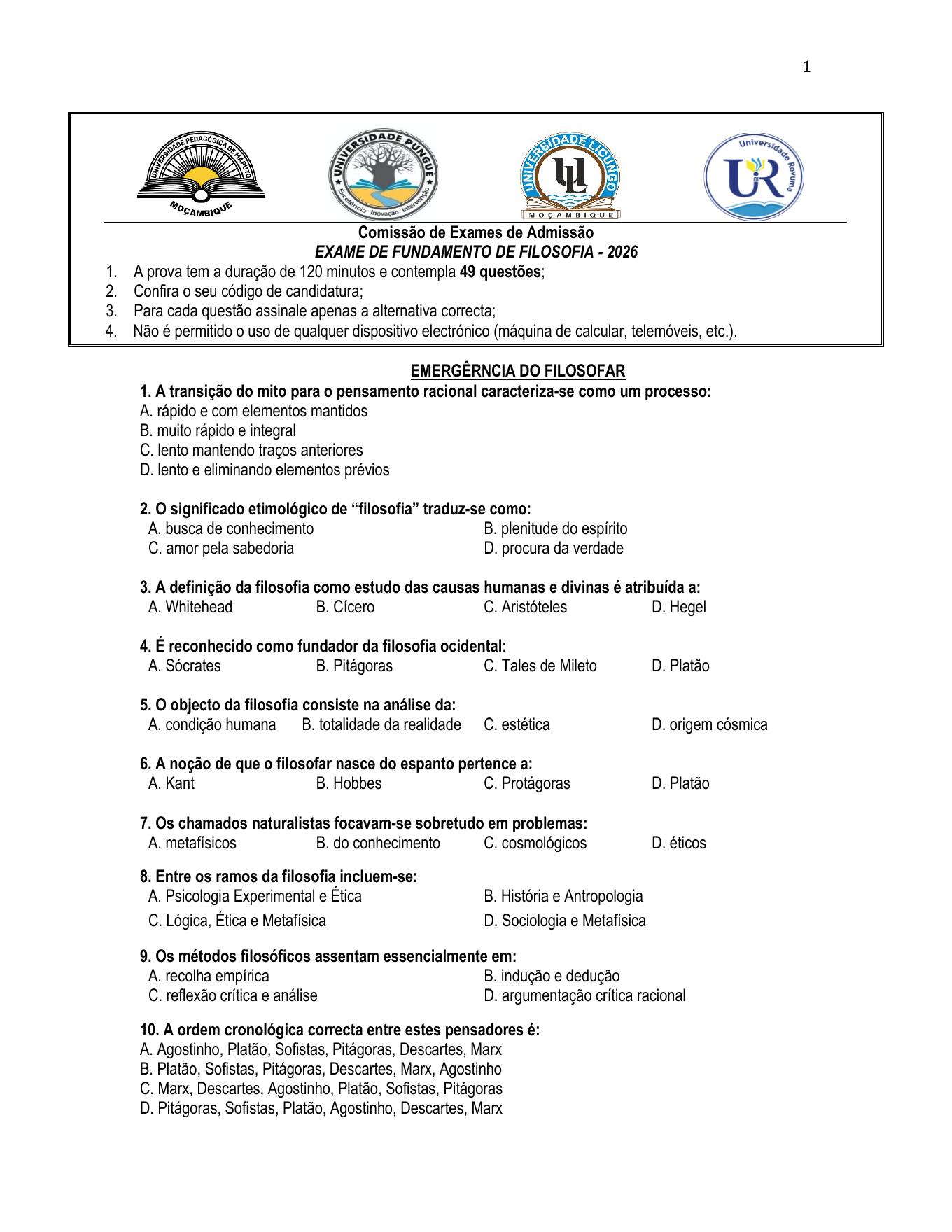 Exame de Admissão UP – Filosofia (2026)