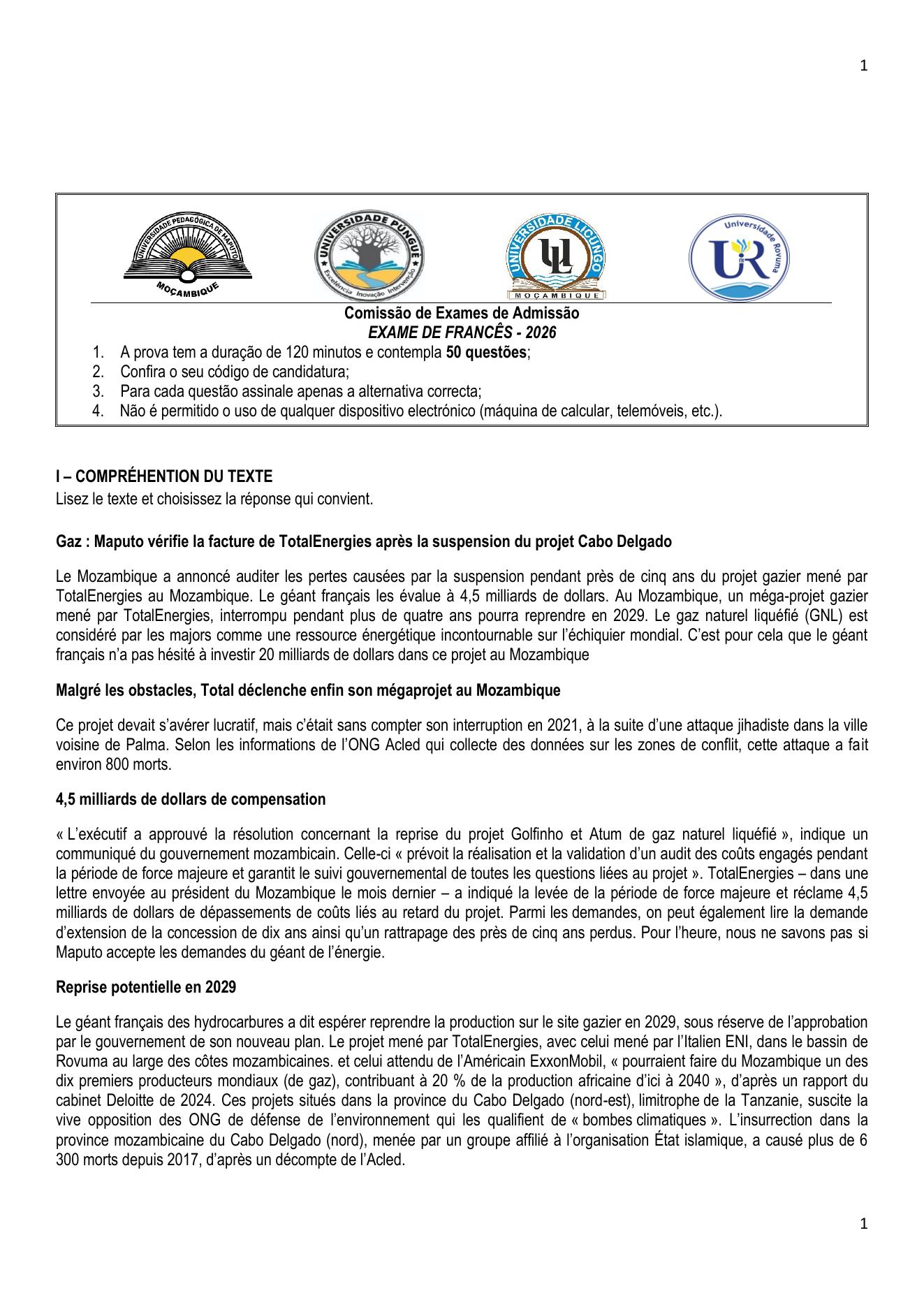 Exame de Admissão UP – Francês (2026)
