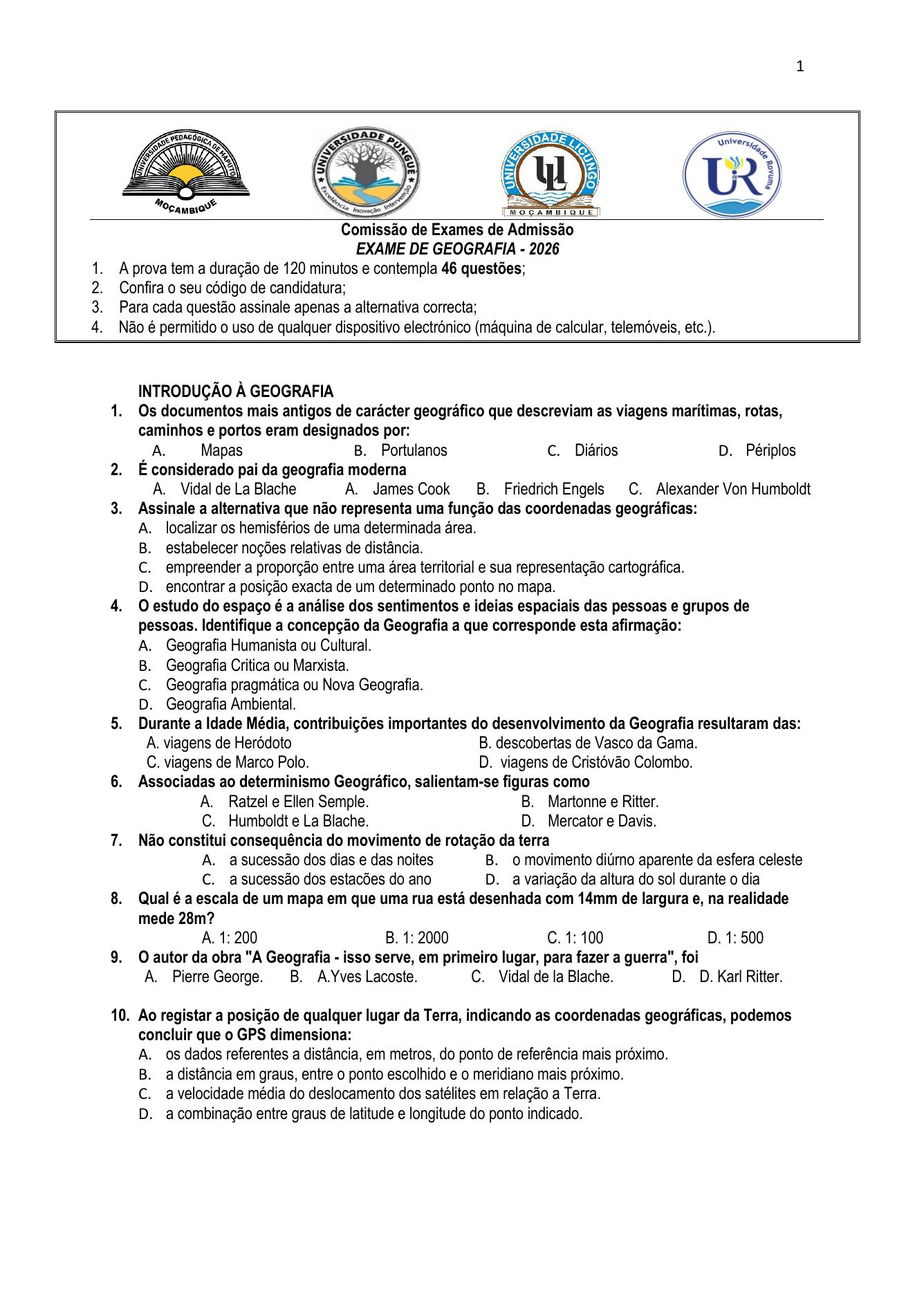 Exame de Admissão UP – Geografia (2026)
