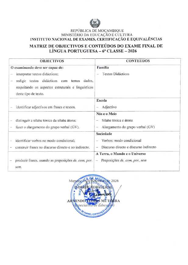 Matrizes de Exames Finais da 6ª Classe (2026)