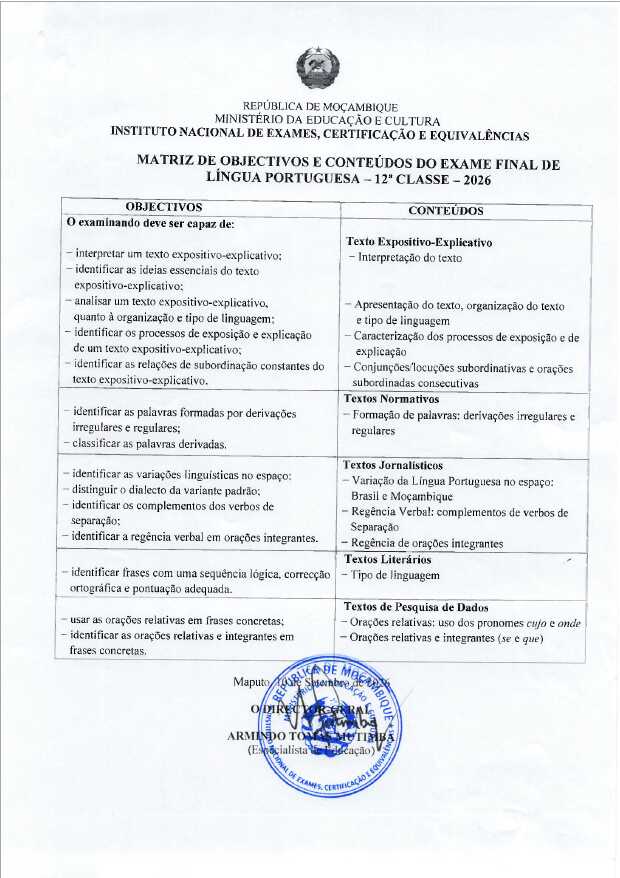 Matrizes de Exames Finais da 12ª Classe (2026)