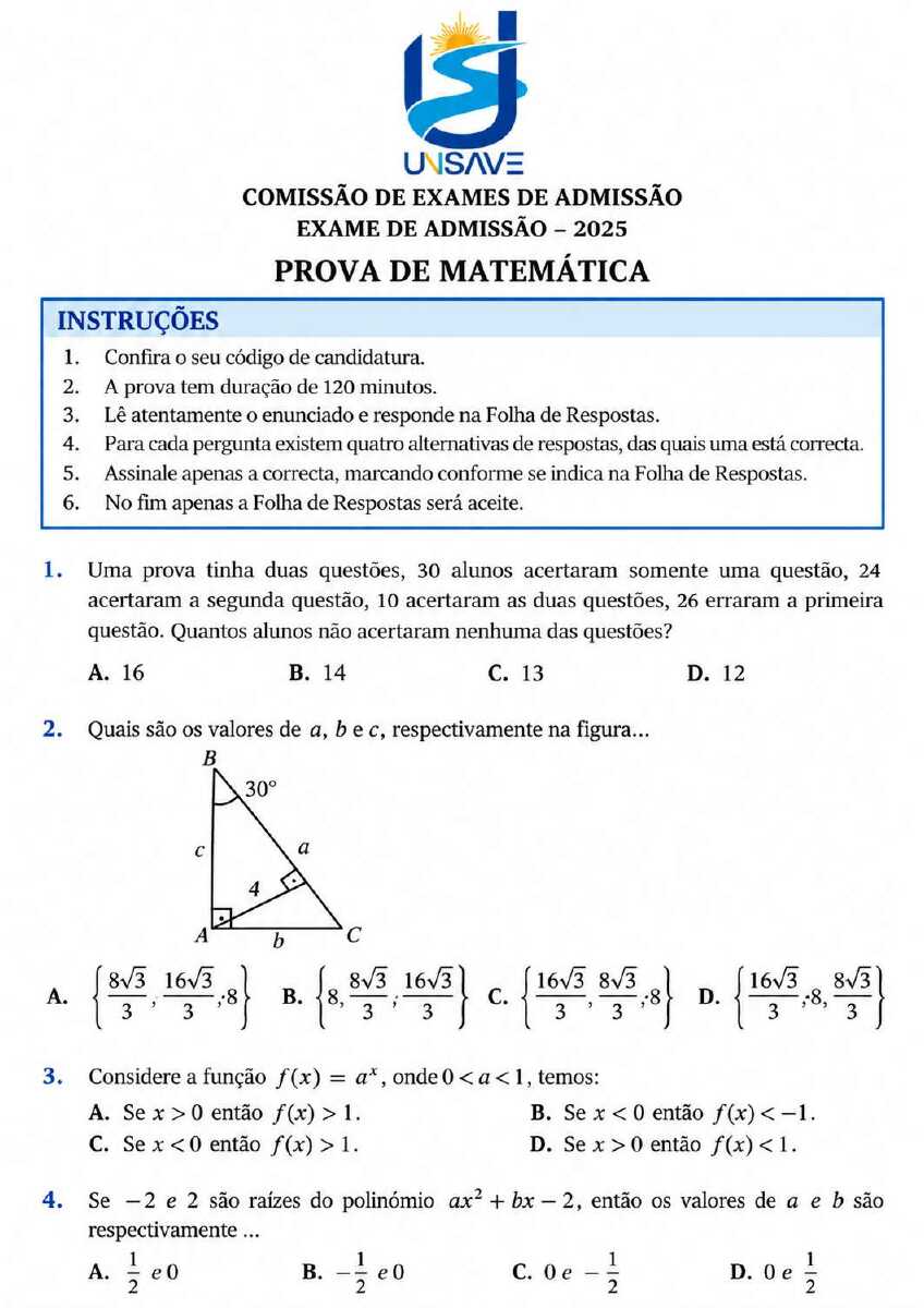 Capa do Exame de Admissão UniSave de Matemática 2025