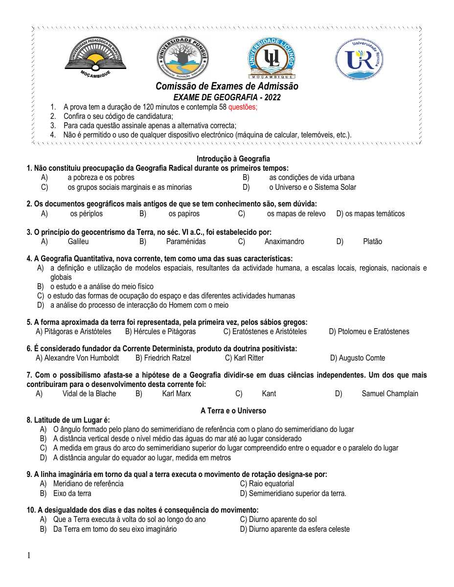 Capa do Exame de Admissão UP – Geografia (2022)