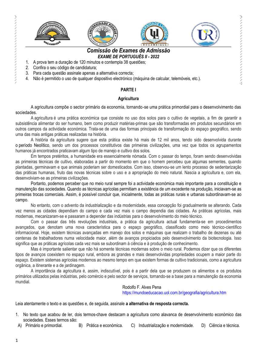 Capa do Exame de Admissão UP – Português II (2022)