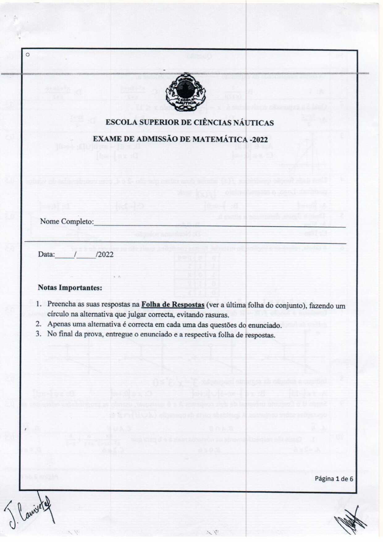 Exame de Admissão Escola Náutica – Matemática (2022)