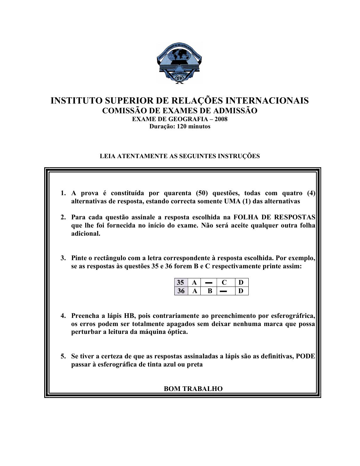 Capa do Exame de Admissão UJC-ISRI – Geografia – Época Normal (2008)