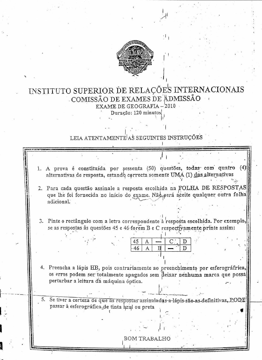 Capa do Exame de Admissão UJC-ISRI – Geografia – Época Normal (2010)