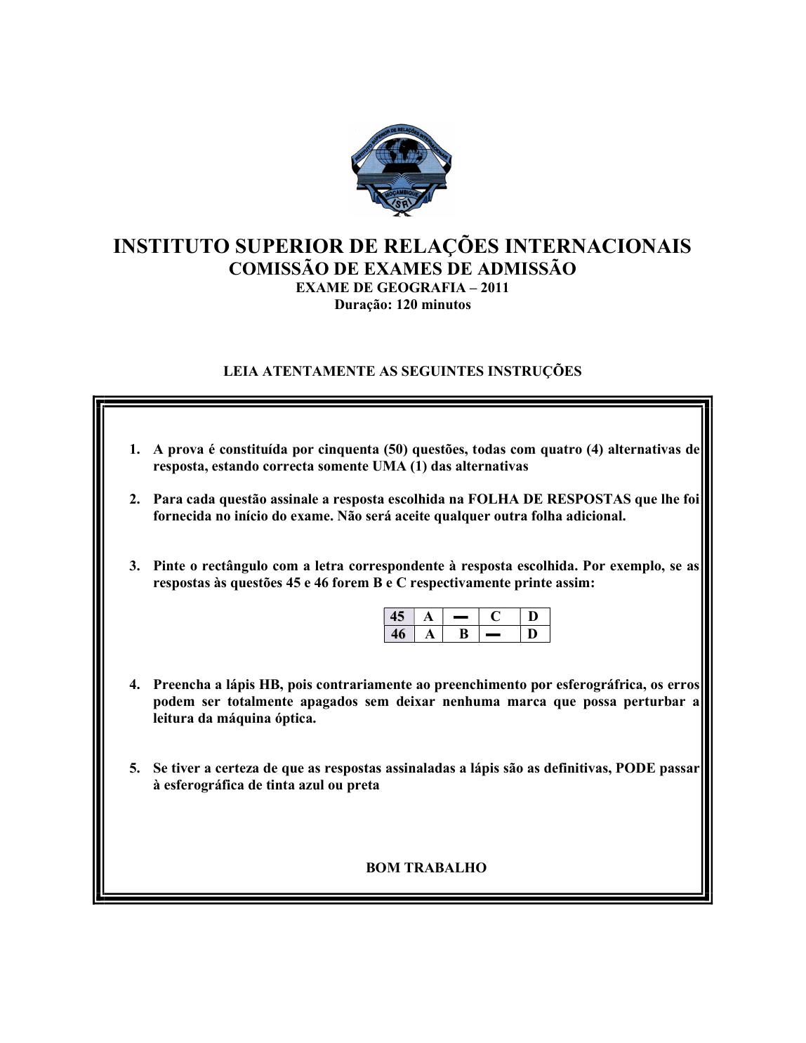 Capa do Exame de Admissão UJC-ISRI – Geografia – Época Normal (2011)