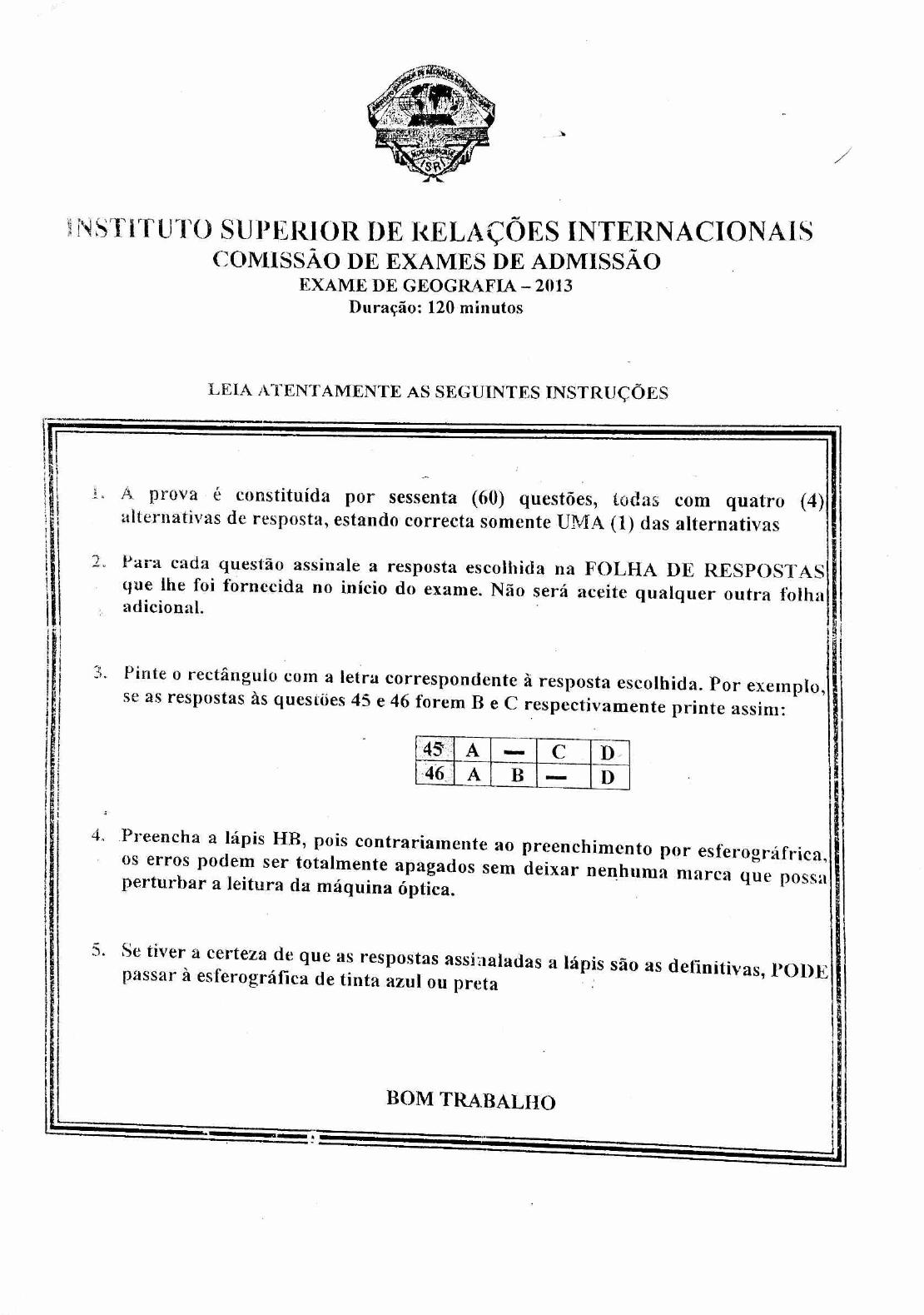 Capa do Exame de Admissão UJC-ISRI – Geografia – Época Normal (2013)