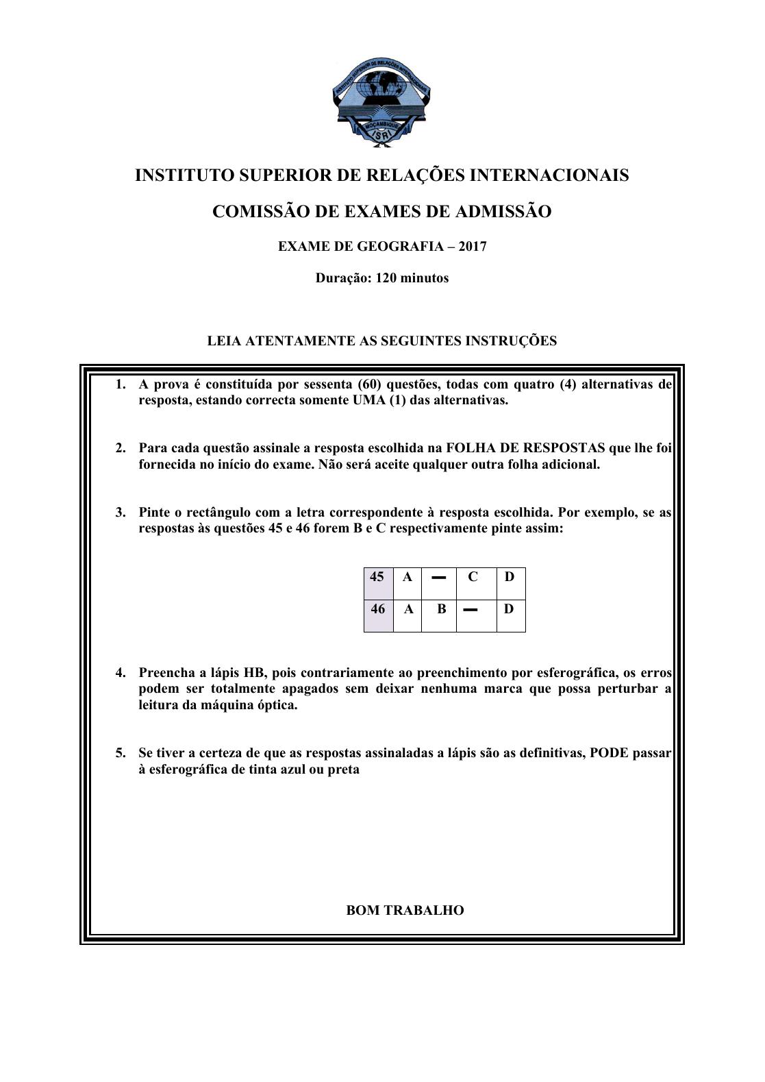 Capa do Exame de Admissão UJC-ISRI – Geografia – Época Normal (2017)