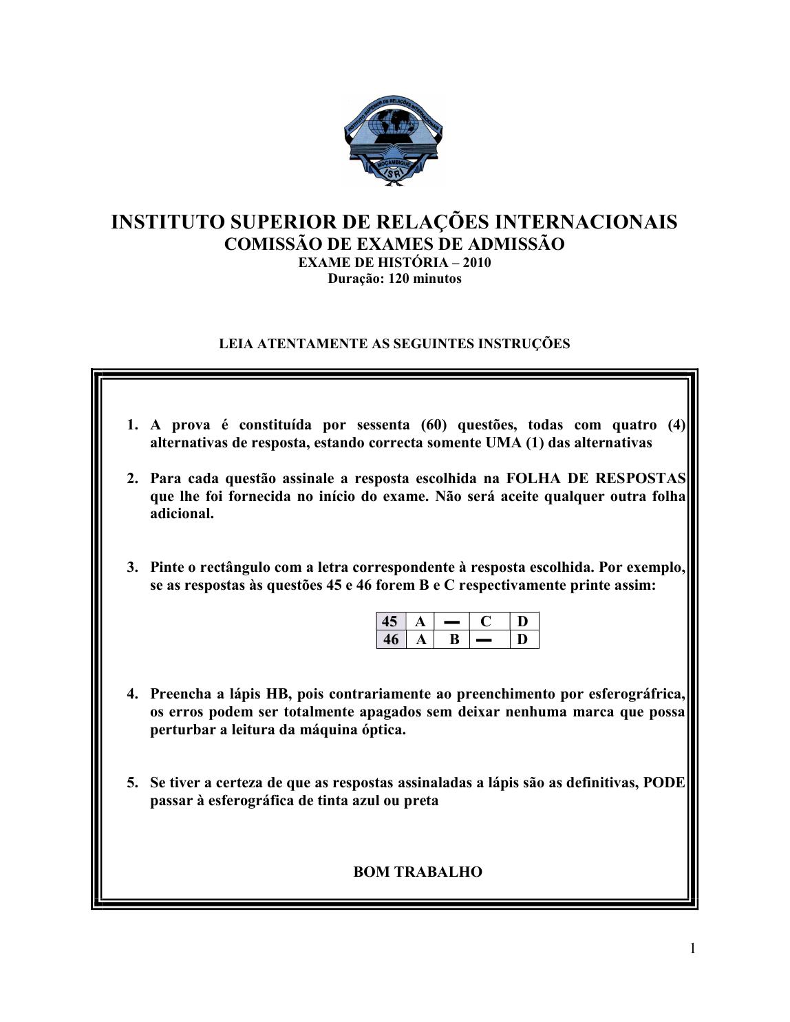 Capa do Exame de Admissão UJC-ISRI – História – Época Normal (2010)