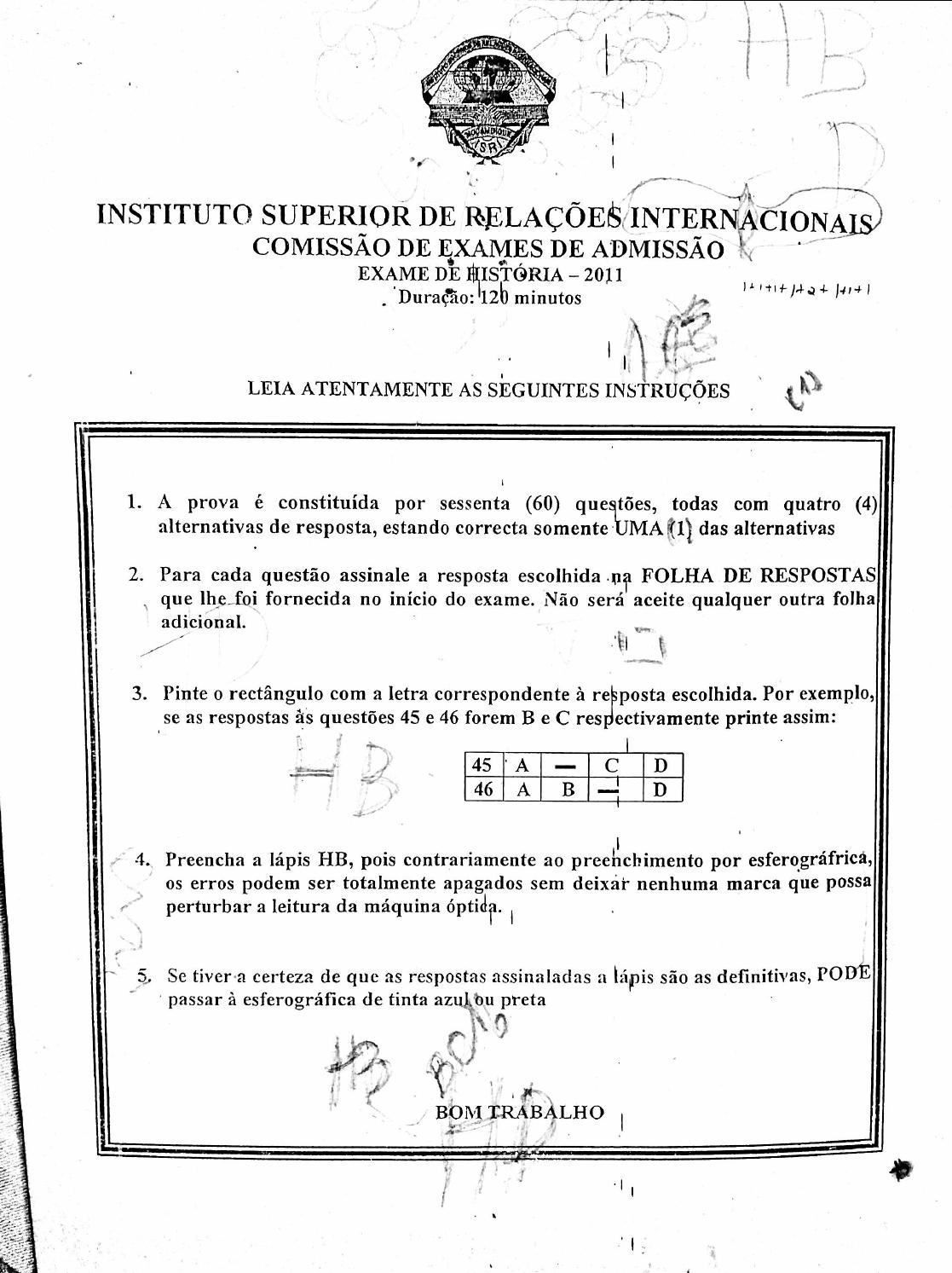 Capa do Exame de Admissão UJC-ISRI – História – Época Normal (2011)