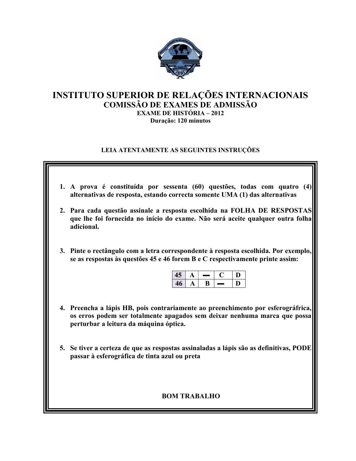 Capa do Exame de Admissão UJC-ISRI – História – Época Normal (2012)