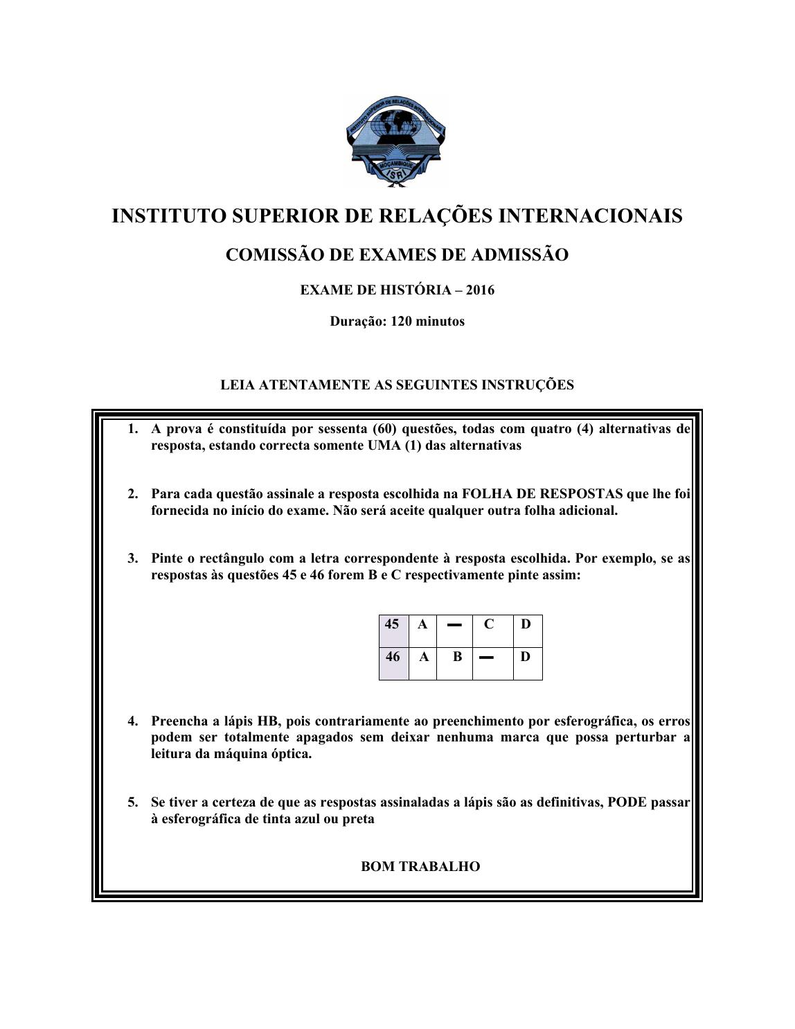Capa do Exame de Admissão UJC-ISRI – História – Época Normal (2016)