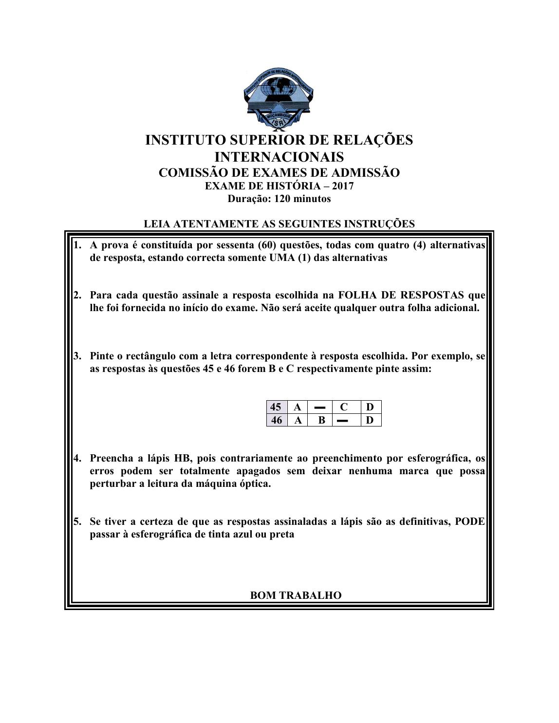 Capa do Exame de Admissão UJC-ISRI – História – Época Normal (2017)