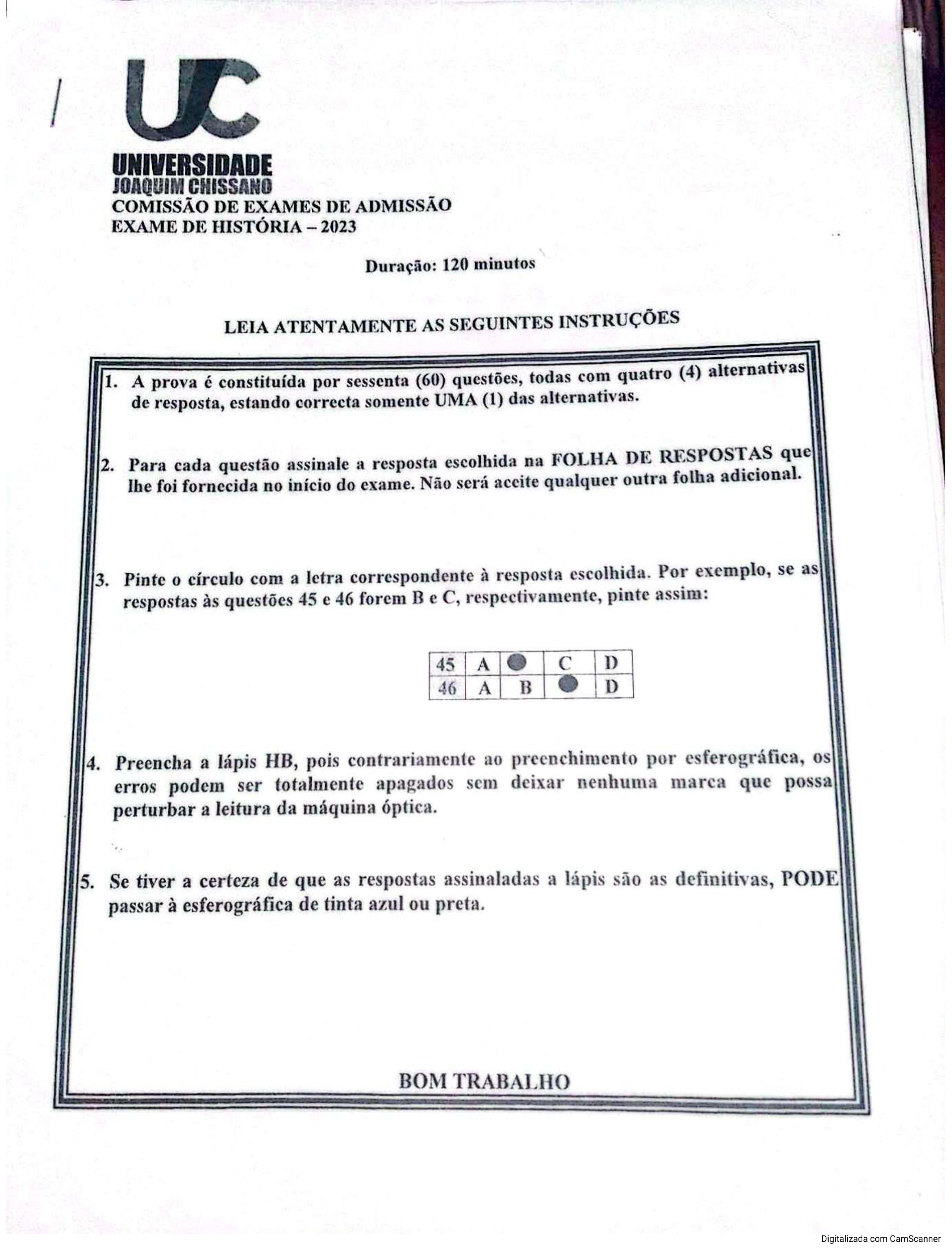 Capa do Exame de Admissão UJC-ISRI – História – Época Normal (2023)
