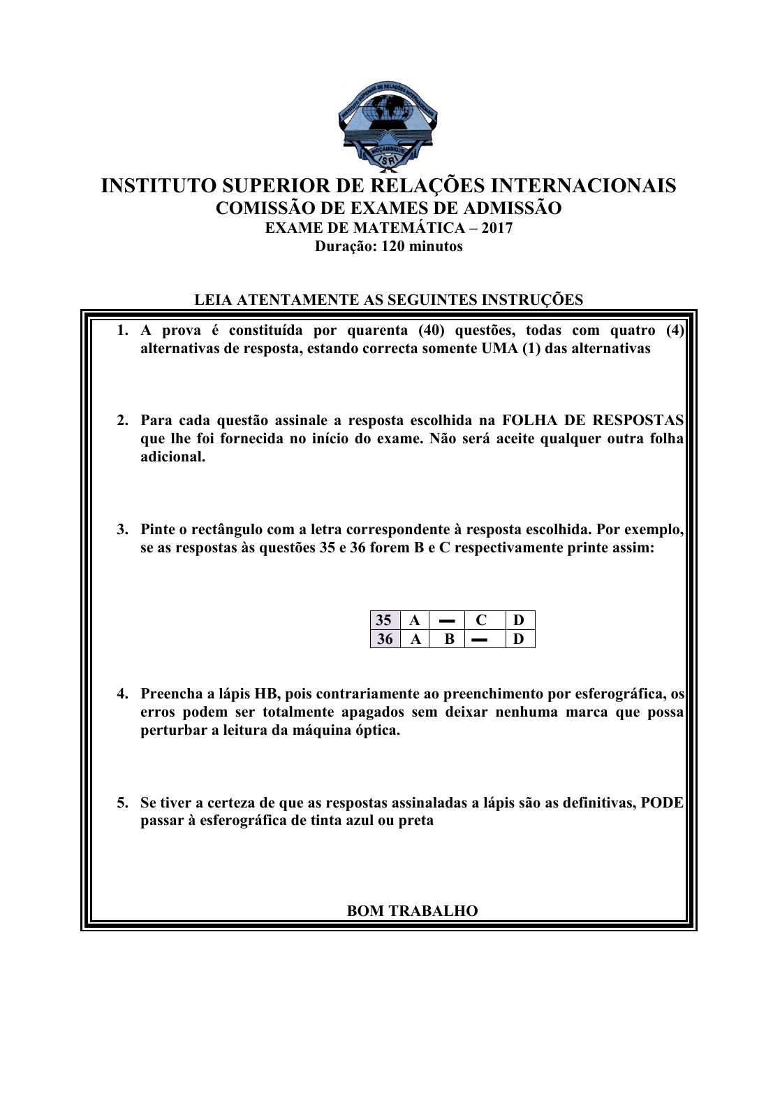 Capa do Exame de Admissão UJC-ISRI – Matemática – Época Normal (2017)