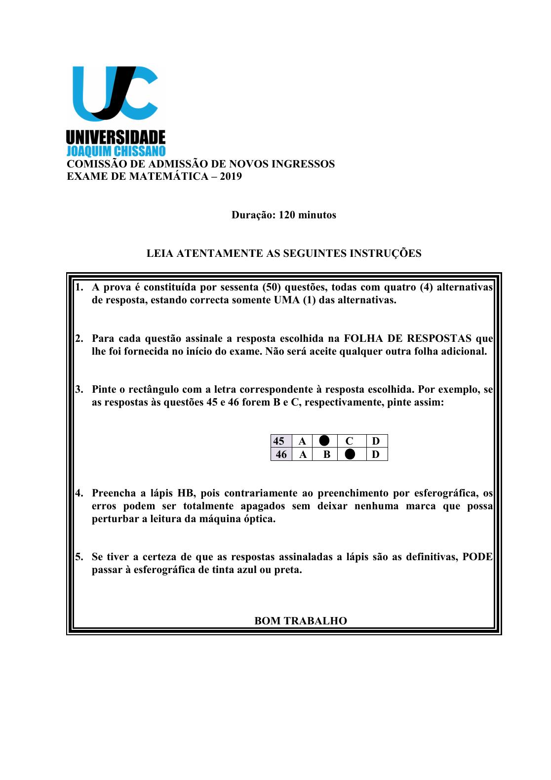 Capa do Exame de Admissão UJC-ISRI – Matemática – Época Normal (2019)