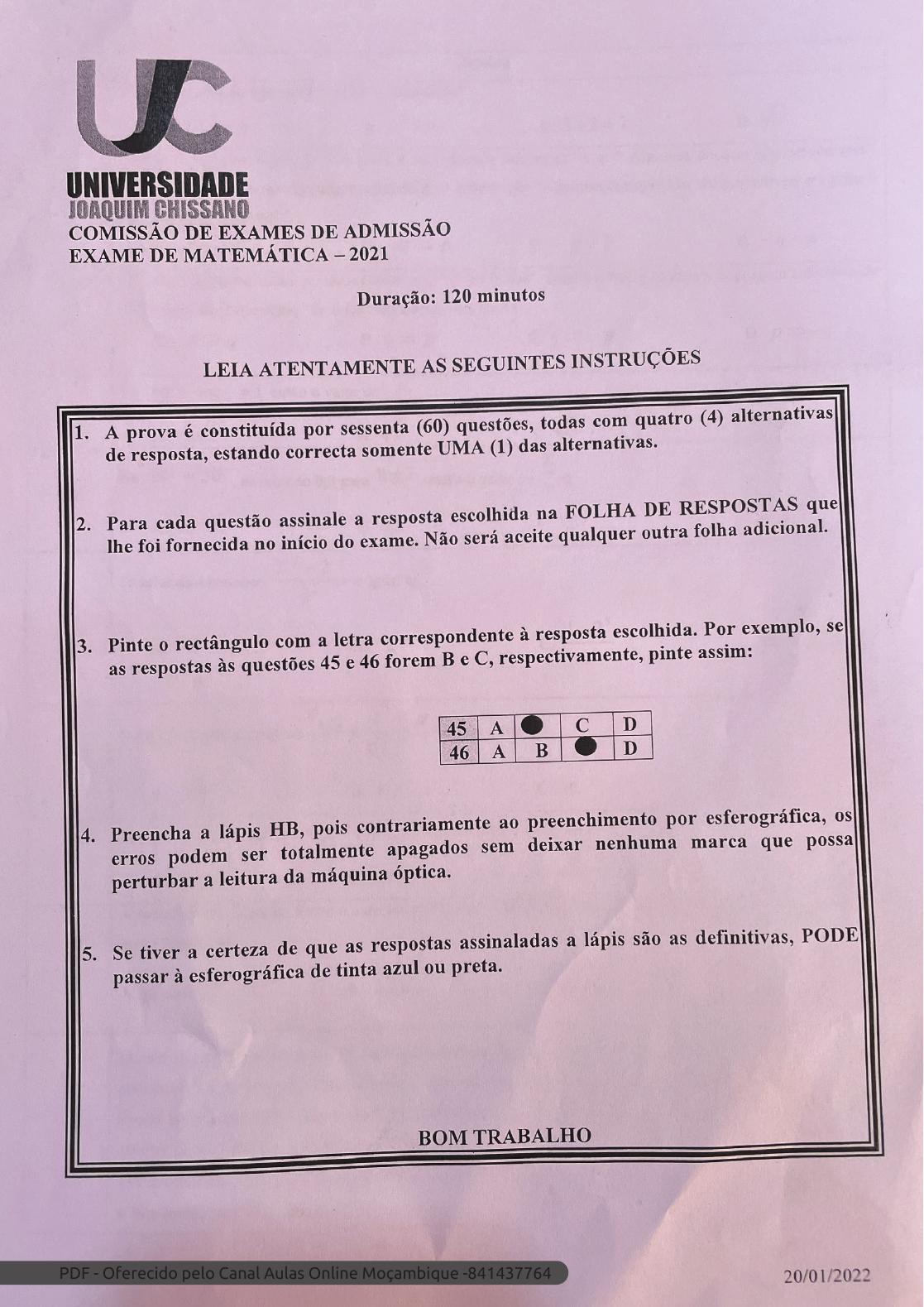 Capa do Exame de Admissão UJC-ISRI – Matemática – Época Normal (2021)