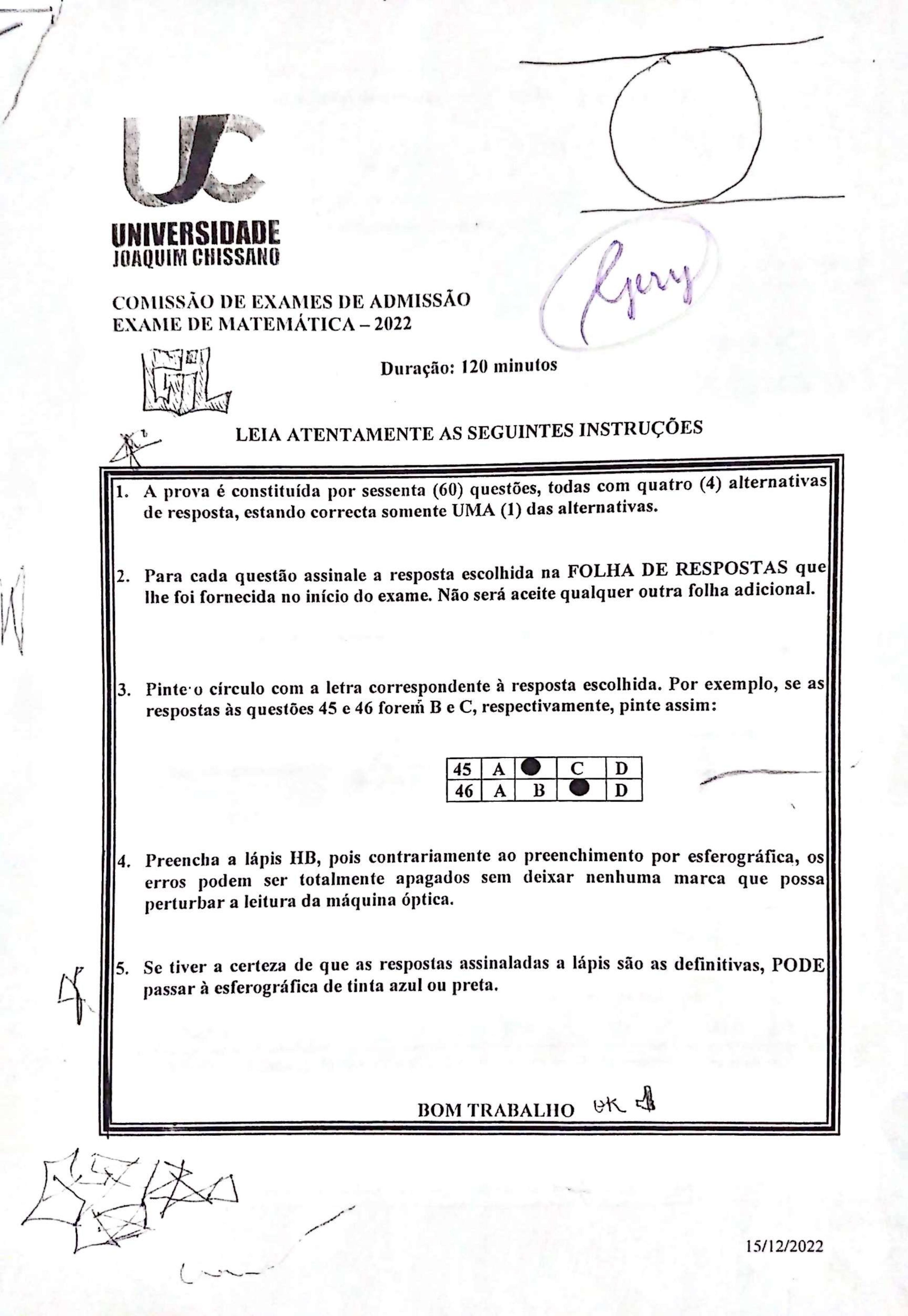 Capa do Exame de Admissão UJC-ISRI – Matemática – Época Normal (2022)
