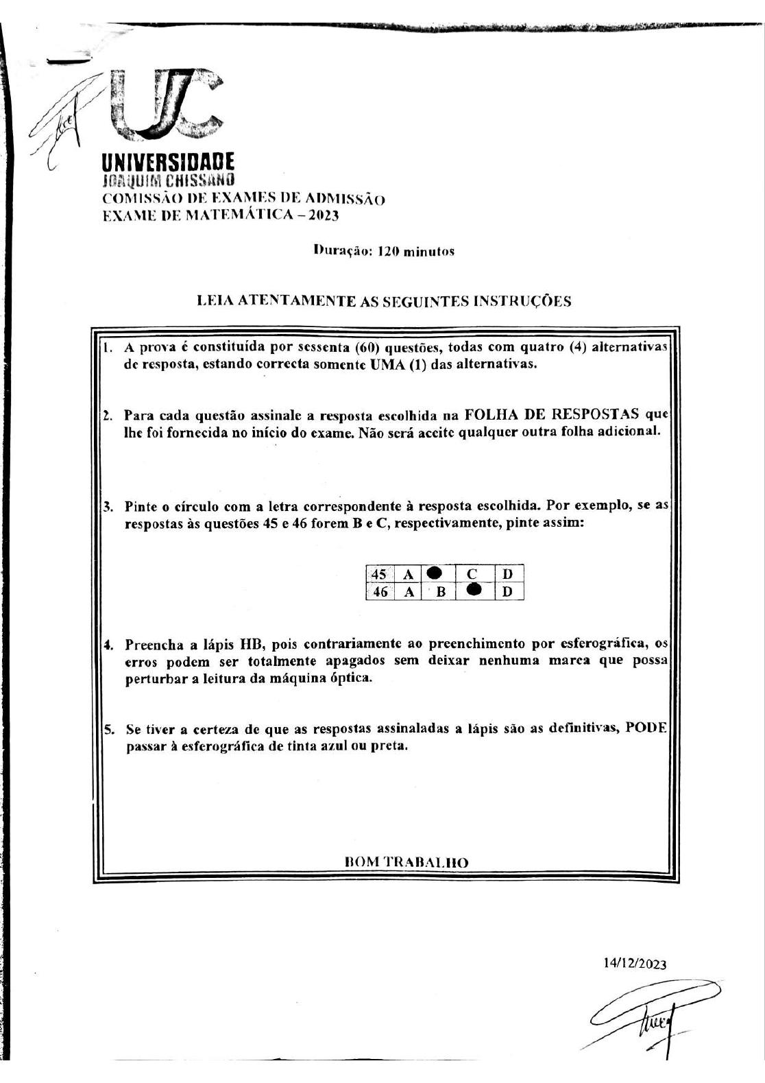 Capa do Exame de Admissão UJC-ISRI – Matemática – Época Normal (2023)