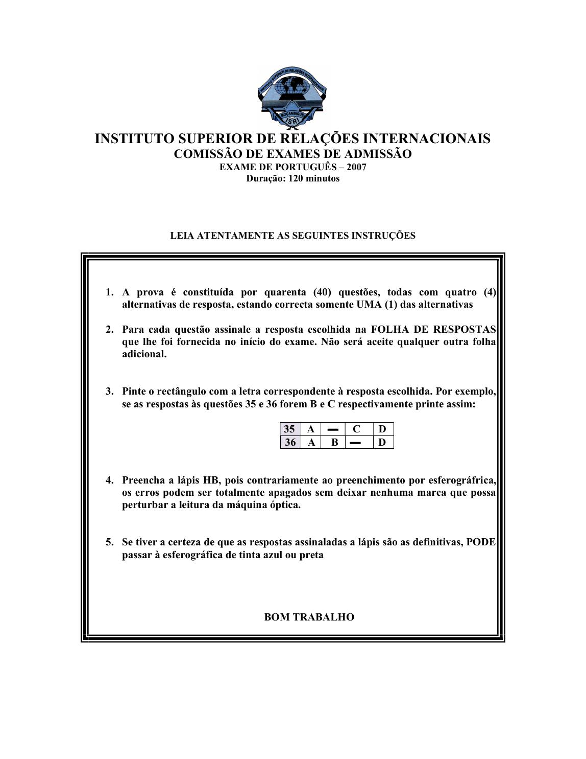 Capa do Exame de Admissão UJC-ISRI – Português – Época Normal (2007)