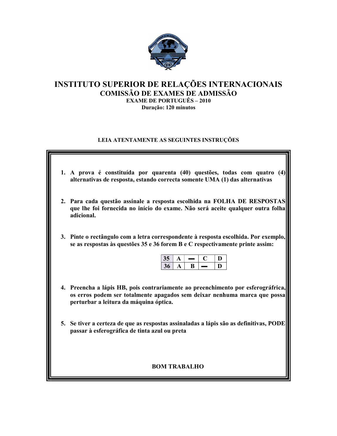 Capa do Exame de Admissão UJC-ISRI – Português – Época Normal (2010)