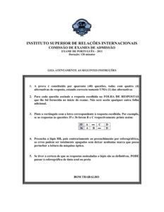 Capa do Exame de Admissão UJC-ISRI – Português – Época Normal (2011)