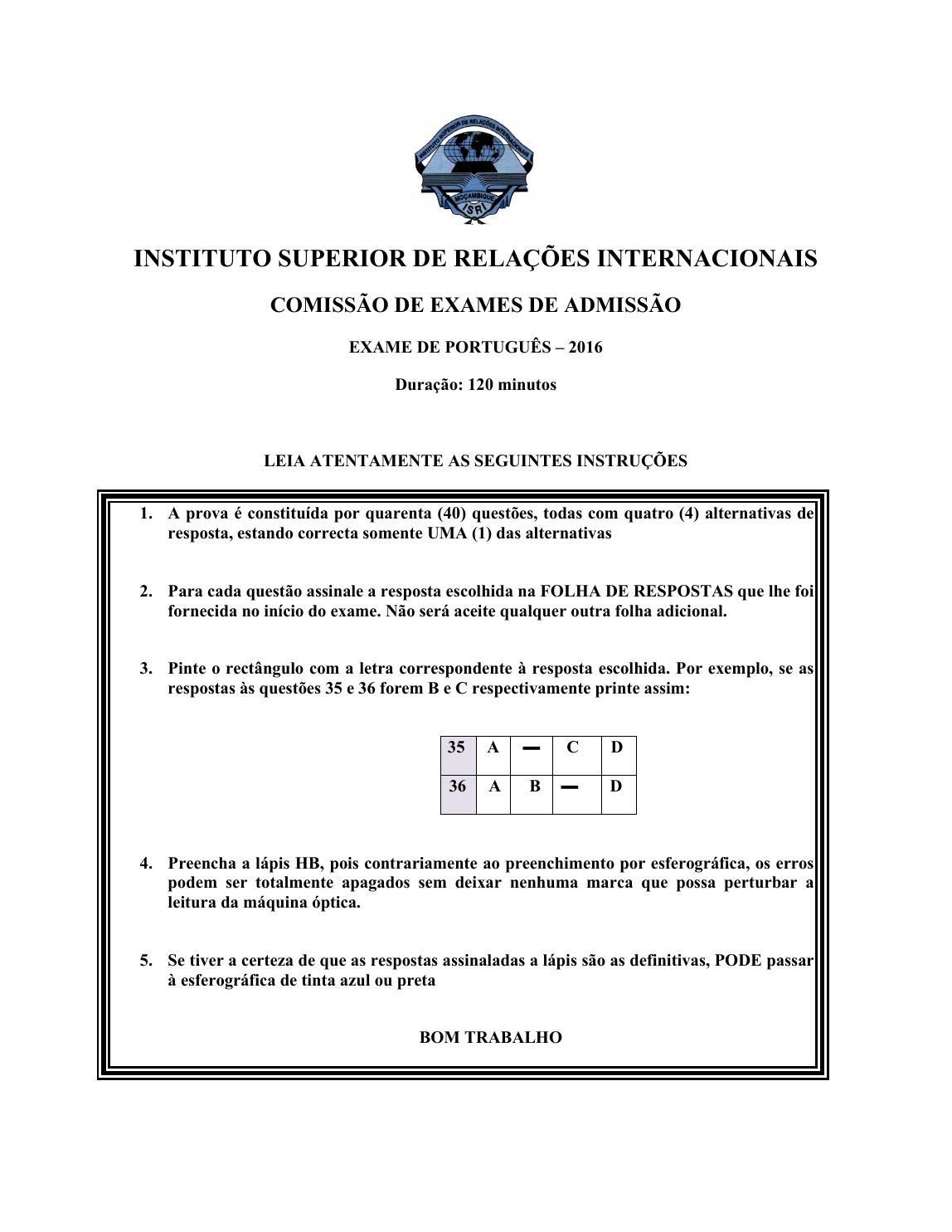 Capa do Exame de Admissão UJC-ISRI – Português – Época Normal (2016)
