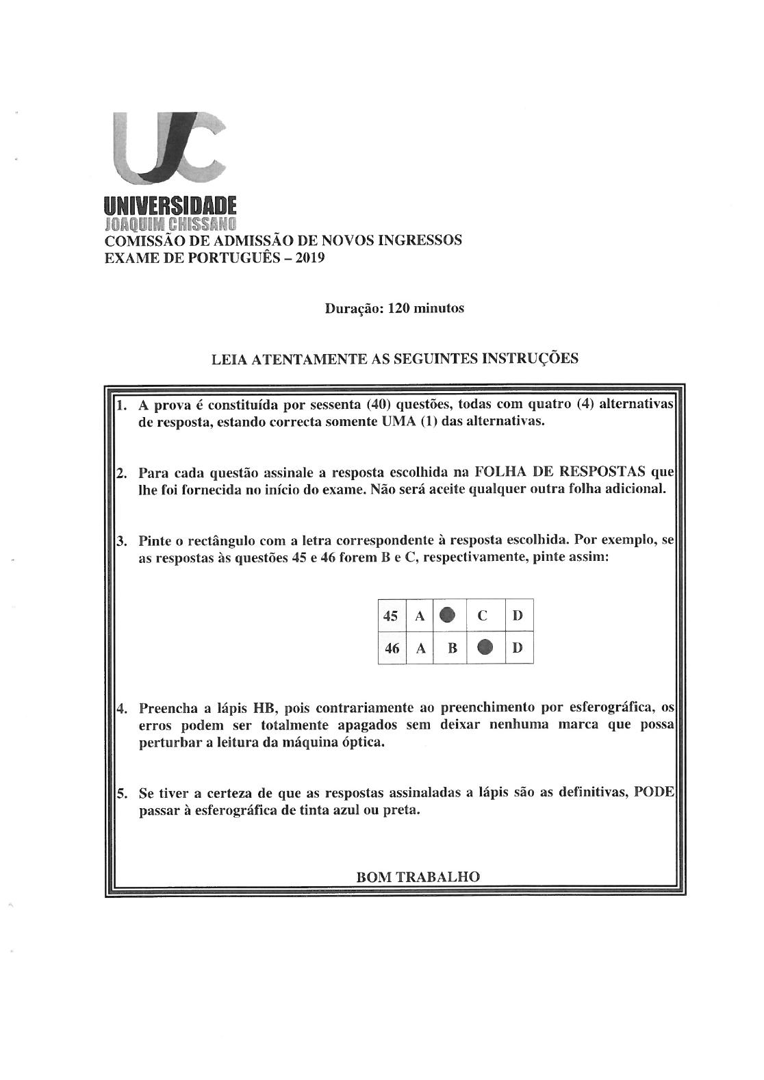 Capa do Exame de Admissão UJC-ISRI – Português – Época Normal (2019)
