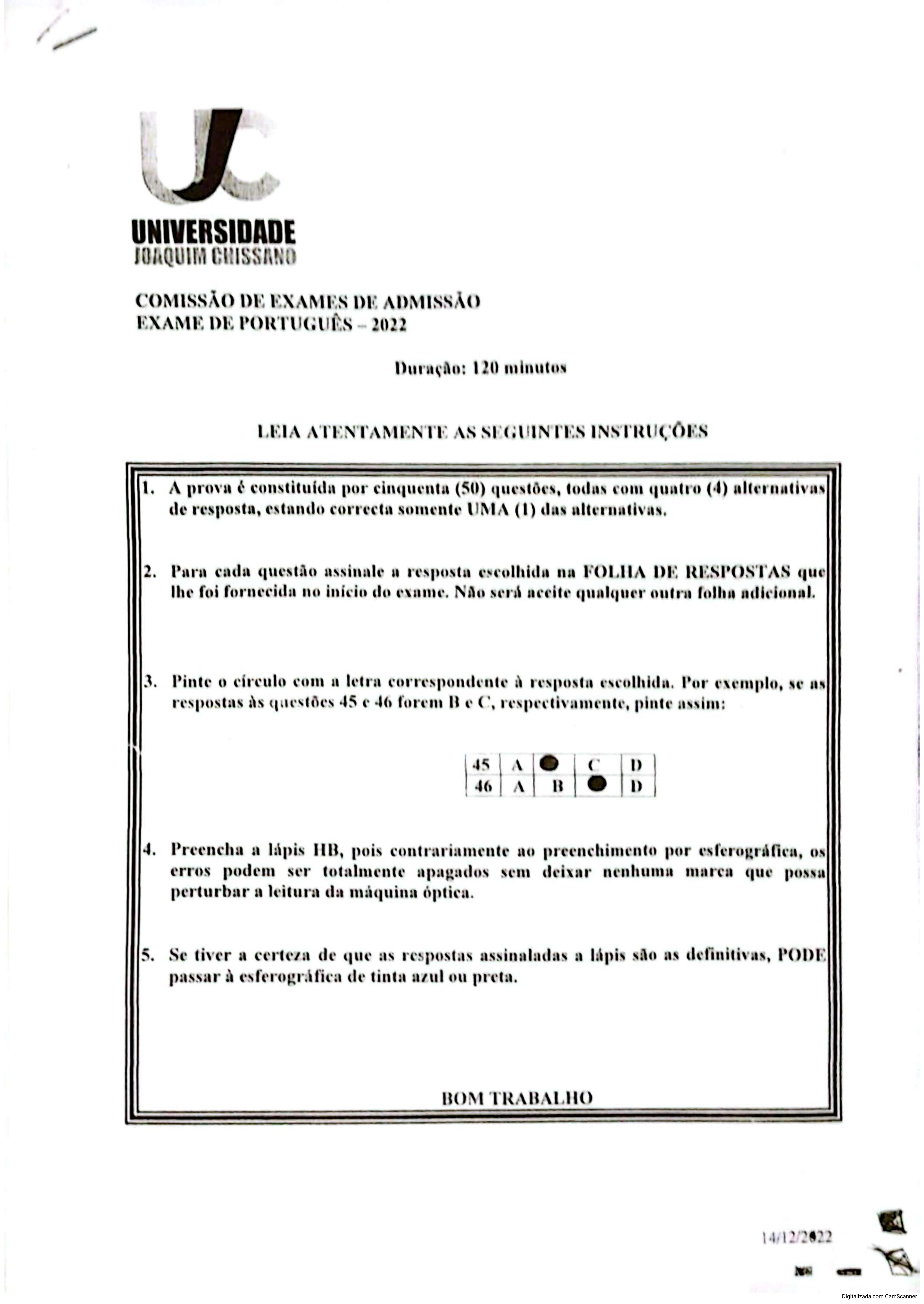 Capa do Exame de Admissão UJC-ISRI – Português – Época Normal (2022)