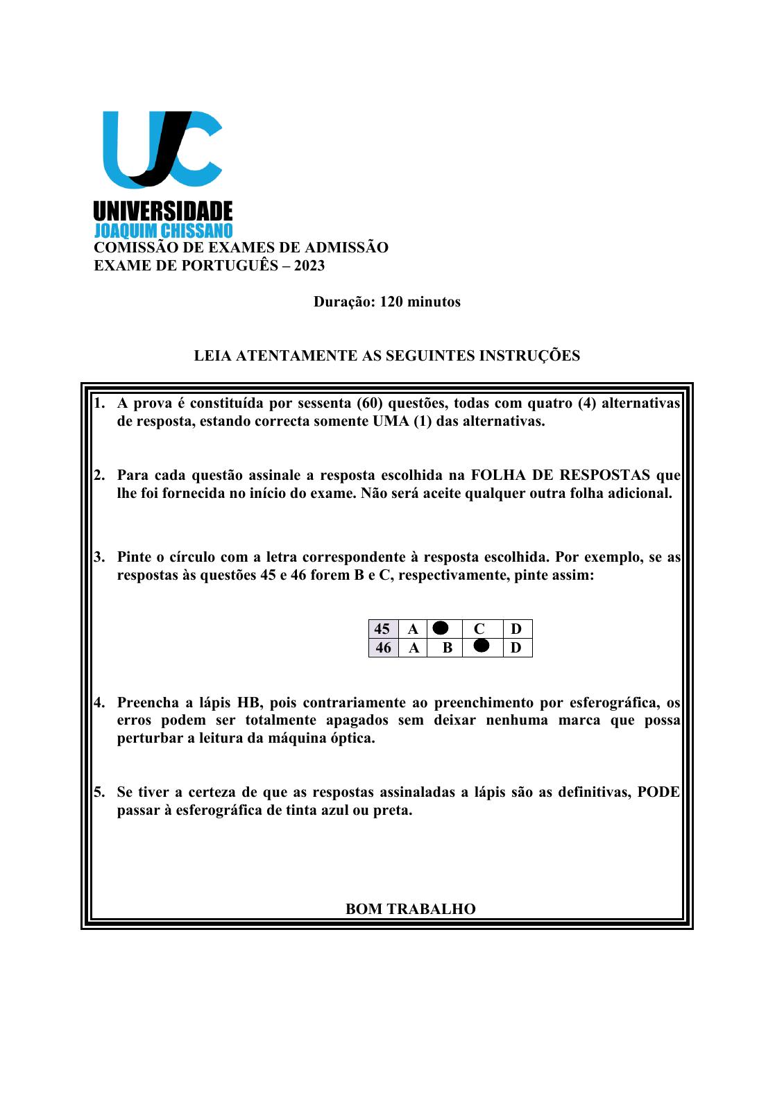 Capa do Exame de Admissão UJC-ISRI – Português – Época Normal (2023)