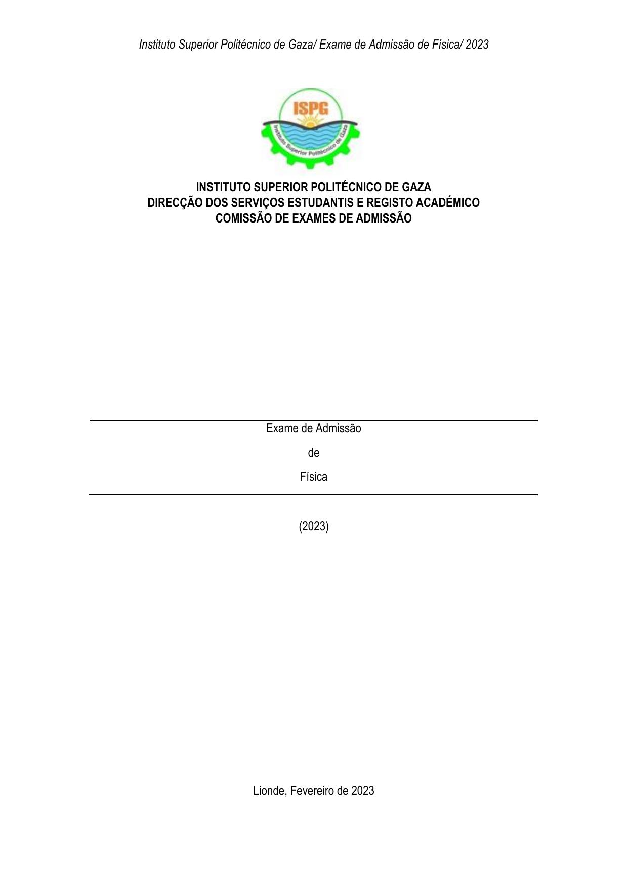 Exame de Admissão ISPG – Física (2023)