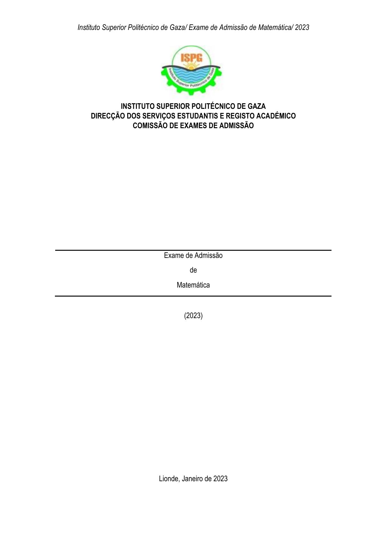 Exame de Admissão ISPG – Matemática (2023)