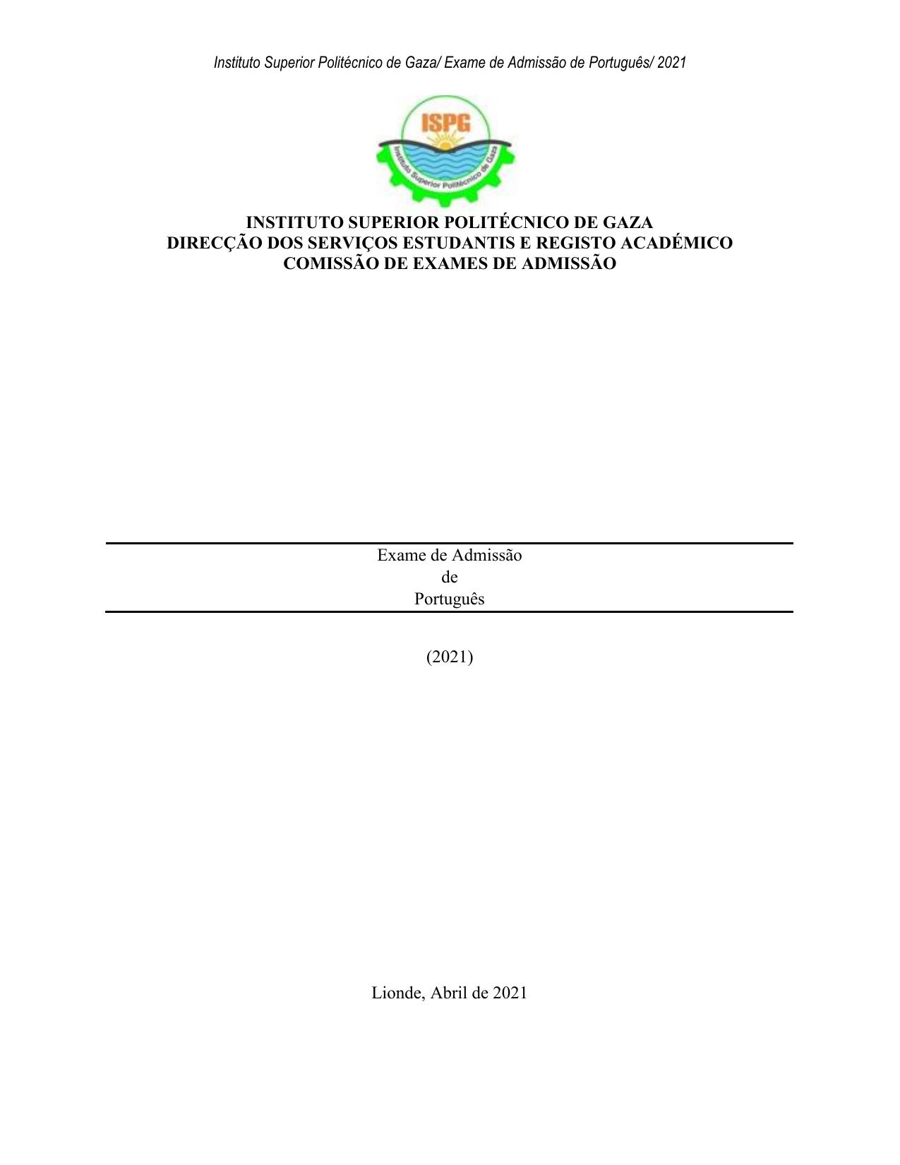 Exame de Admissão ISPG – Português (2021)