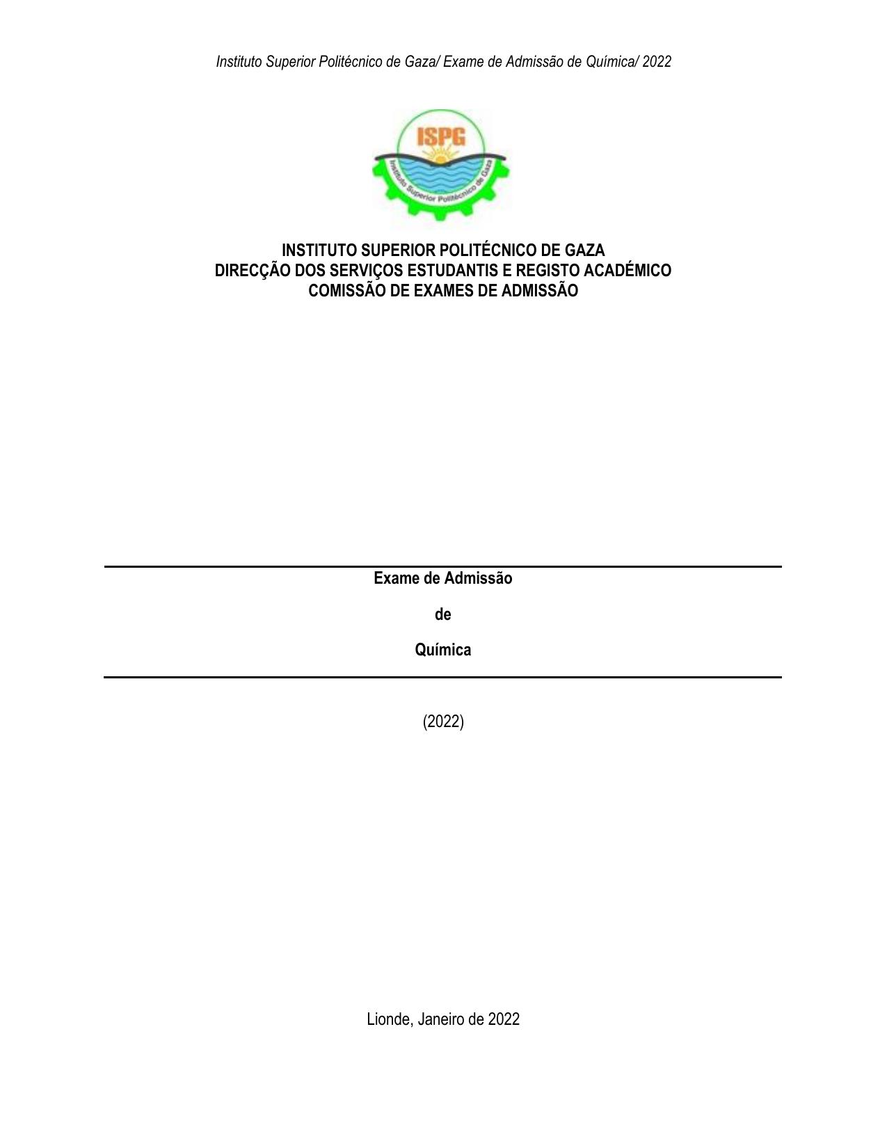 Exame de Admissão ISPG – Química (2022)